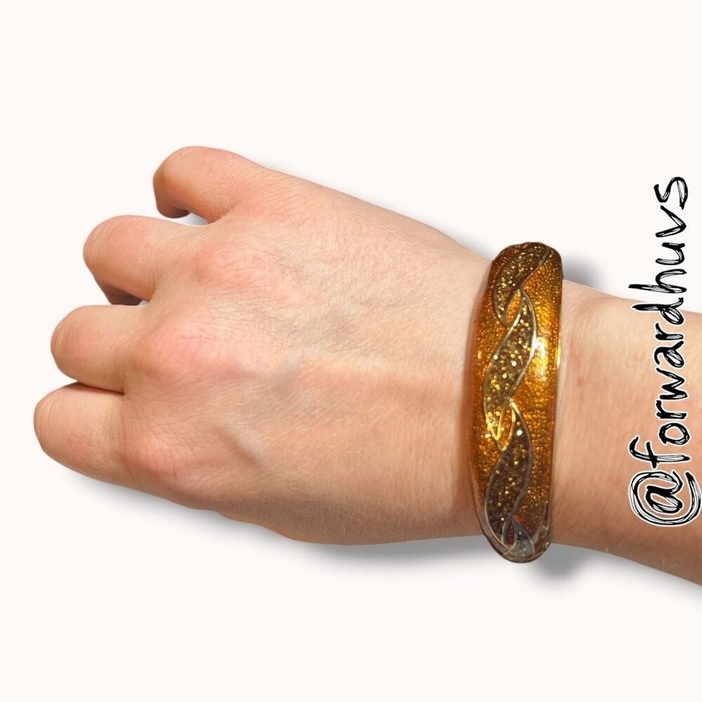 Vintage Gold Tone Burnt Orange Glitter Enamel Clamp Bangle Bracelet